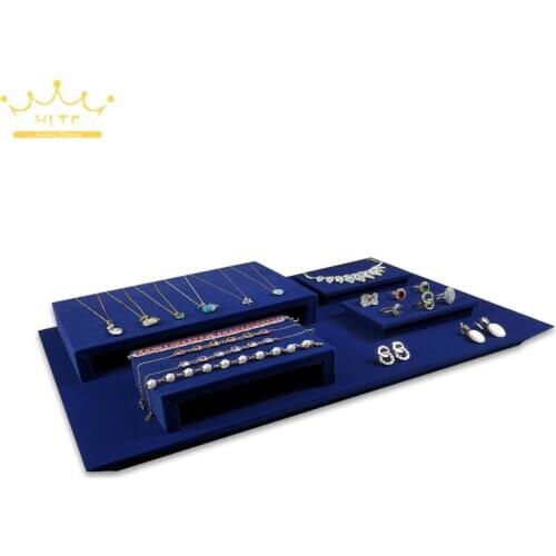 Blue Velvet Jewelry Display Mat High Plate Platform Wooden Jewelry Store Display Tray Counter Display Laminate
