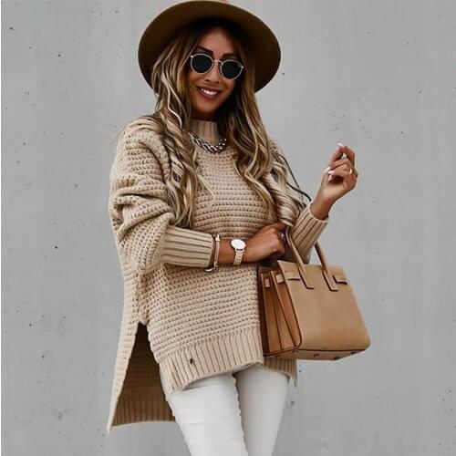 Foridol Stand Collar Khaki Knitted Oversized Sweater Pullovers Women Winter Plus Size Slit Long Sweater Tops Casual Jumper
