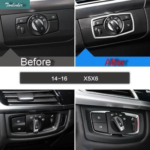 Tonlinker 1 PCS Car DIY Stainless Steel Four Style Headlight Switch Light Cover Case Stickers for Bmw X5 X6 2009-16 Accessories