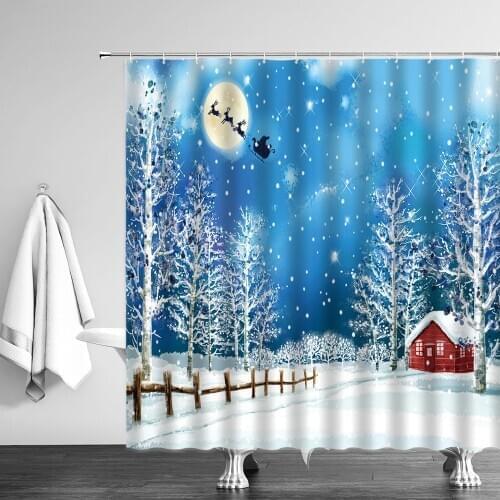 Waterproof Bathroom Shower Curtain Blue Christmas Fairy Snow Night Printed Washable Quick Dry Wrinkle Resistance Bath Screen