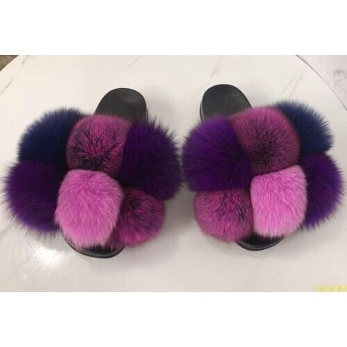 Women Pom Pom Fur Slippers Fashion Fox Fur Flip Flops Fluffy Fur Ball Slides Cute Raccoon Hair Sandals Outdoor Rainbow Shoes