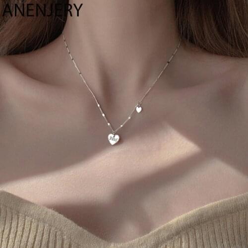 ANENJERY 925 Sterling Silver Heart Disc Necklace for Women Clavicle Chain 2021 New Trendy Designer Necklace Daily Jewelry