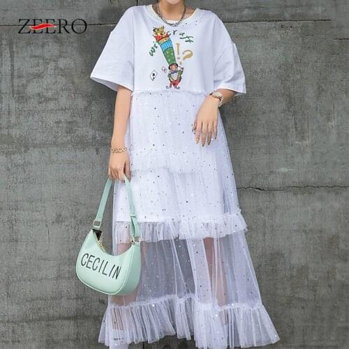 Female Korean Loose Cartoons Print Lacel Splicing Ruffle Sequins Dresses for Women Summer Black Midi Dress Vestido De Mujer 2021