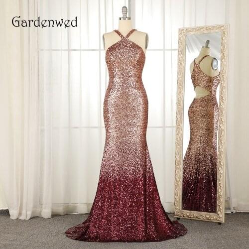 Gardenwed Halter Neck Fading Sequin Mermaid Evening Dress 2019 de gala Lady Wear Hollow Out Back Waist Formal Gown abendkleider