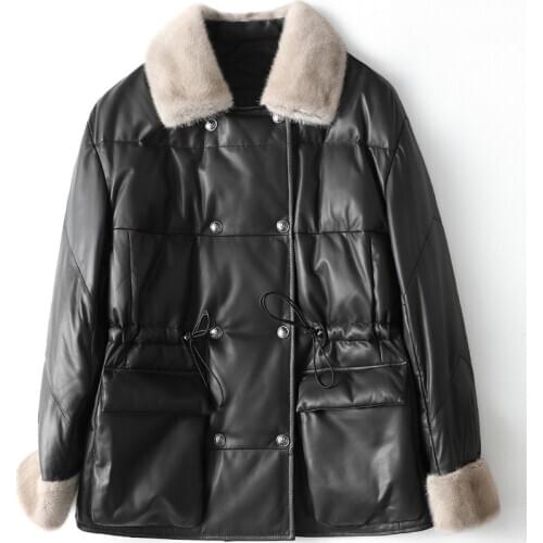 2021 Winter fashion womens fur collar genuine leather coat high quality sheepskin real leather jackets C849