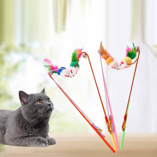 2Pcs Pet Cat Bell Fake Mouse Feather Rod Roped Funny Fun Playing Toy Funny Fishing Rod Game Wand Feather Stick Toy For cat