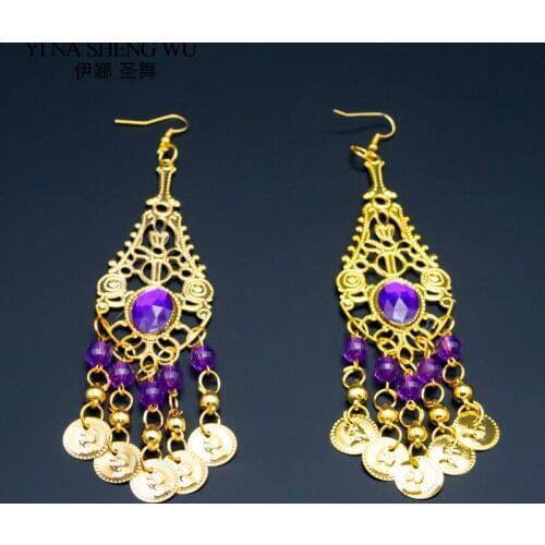 Belly Dance Indian Bollywood Jewelry Accessories 1 Pair Golden Earrings With Rhinestones Bells Belly Dance Accessories wholesale