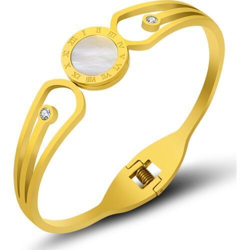 White Shell Roman Numeral Bangles Women Bracelets Stainless Steel Cuff Bracelets Brand Jewelry Famous Crystals Pulseiras