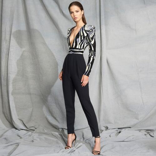 Sparkling Colorblock Sequin Chic Bodycon Legging Plunge V Neck Long Sleeve Tight Waist Long Leg Hourglass Jumpsuit