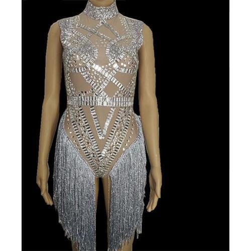 Silver Rhinestones Tassels Bodysuit Sexy Glisten Crystals Costume Stage Outfit Nightclub Female Singer Performance Dance Wear