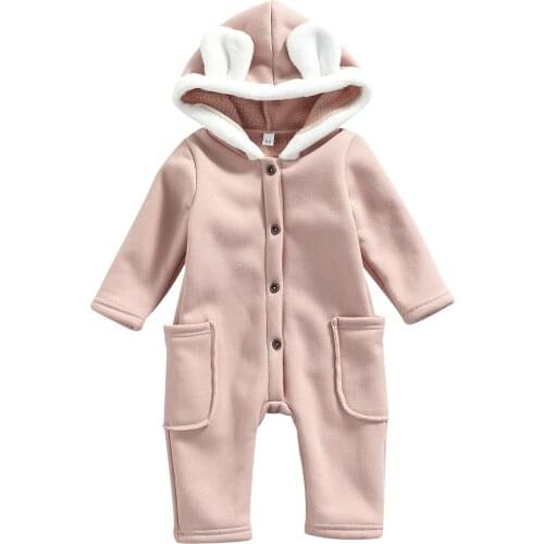Cute Newborn Casual Baby Girls Contrast Color Romper Pockets Long Sleeve Button-up Hooded Jumpsuit Baby Spring Autumn Outfits