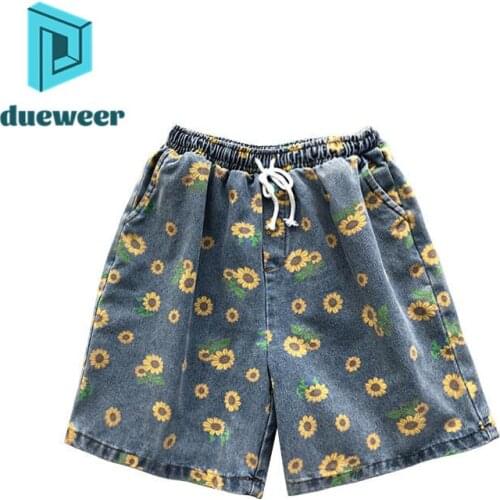 DUEWEER Mens Womens Jeans Denim Shorts Summer Daisy Straight Knee Length Baggy Pants Streetwear Casual Harajuku Denim Shorts