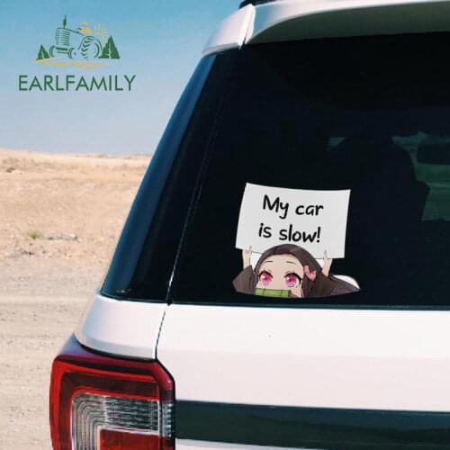 EARLFAMILY 13cm x 9.6cm for Demon Slayer Nezuko MY CAR IS SLOW Car Stickers Funny Decal Campervan Vinyl Car Wrap JDM Decals