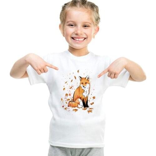 Boys and Girls Fox In The Snow Cartoon Fox Print T Shirt Kids Funny Clothes Animal Cute Summer White T-shirt