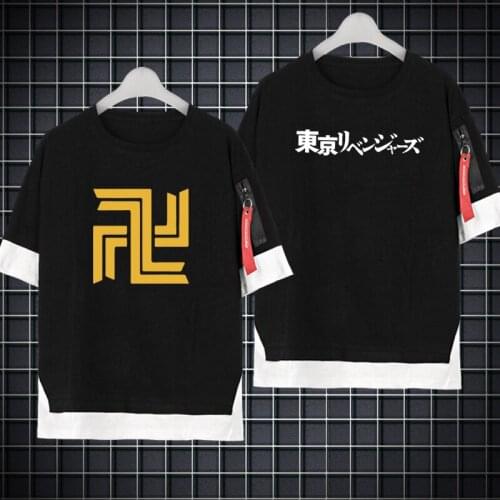 Manga Printed Tokyo Revengers T shirt Men Fake Two Black T Shirt Oversize Summer Fashion Personality Tee Mikey Draken Black Tops