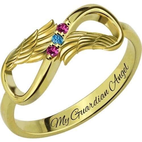 Uonney Dropshipping Manufacturer Engraved Angel Wings Infinity Ring Birthstones Name Ring For Mom Girl Women Jewelry