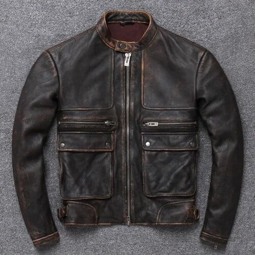 Genuine Leather Jacket Mens Retro Distressed Cowhide Motorcycle clothing leather jacket Multi-Pocketmens Casual Jacket