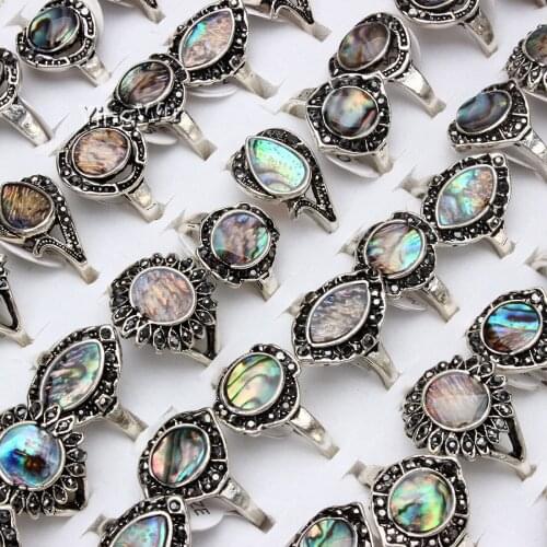 Yingwu Fashion Natural Oval Round Shell Abalone Rings Silver Tone Rings For Women Jewelry Lots Bulk Lots 20pcs