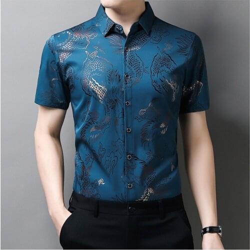 Mens Ice Silk Shirt Casual Lapel Thin Short-sleeved Shirt Tide Jacquard Dragon Pattern Half-sleeved Bottoming Shirt