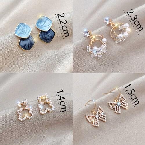 Small Size 925 Silver Needle Earrings for Women Annular Butterfly Shape Rhombus Pearl Inlay Rhinestone Bear Shape Earrings