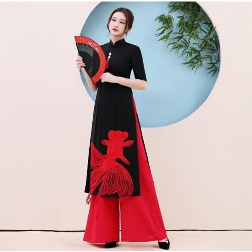 Chinese Style Clothing Women Ao Dai Dress Cheongsam Long Top+Wide Leg Pants Chinese Costumes 2 Piece Sets Womens Outfits 11355