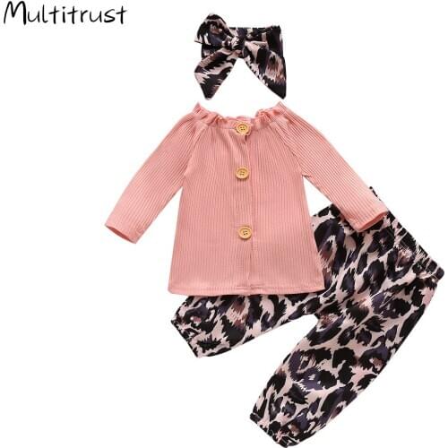 Autumn Kids Baby Girl Clothes Set Solid Long Sleeve Ribbed Sweatshirt Tops+Lepoard Pants Tracksuit+Headband 3Pcs Outfits 0-24M