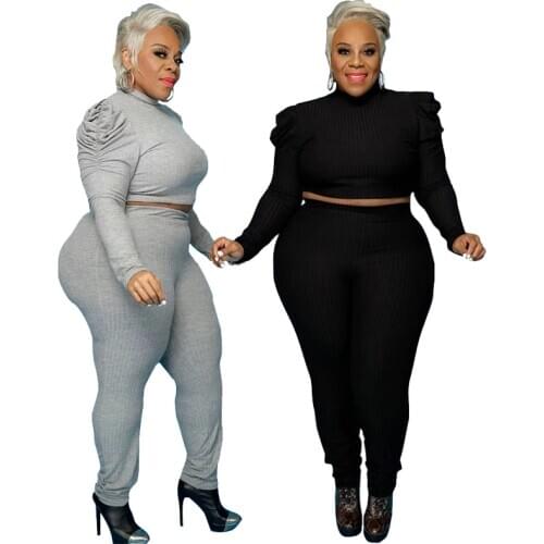 Plus Size Women Clothing Two Piece Set Ribbed Tops and Pants Sets Long Sleeve Casual Outfits Tracksuit Wholesale Dropshipping