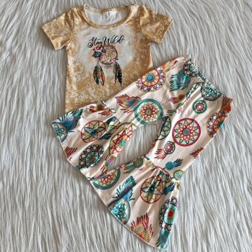 RTS children outfits short sleeve raglan top bleached shirt bell bottom pants baby girls kids boutique outfits clothing sets