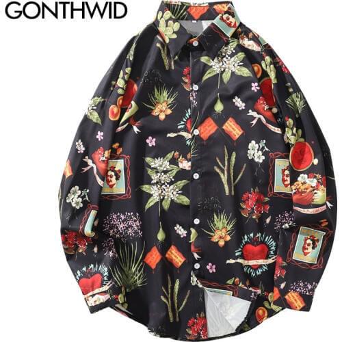 GONTHWID Flowers Floral Print Hawaii Long Sleeve Dress Shirts Harajuku Casual Button Up Shirt Tops Men Hip Hop Shirt Streetwear