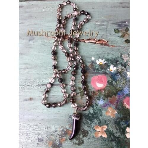 Rustic Horn Boho chic Knot Agates Beads Necklace Hand Knot Beads Necklace with Pave Horn Pendant