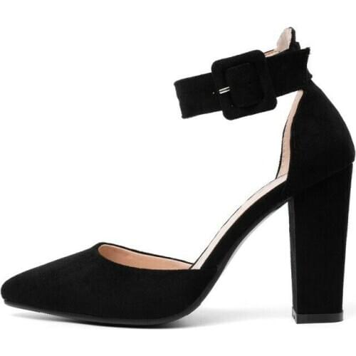 New Womens Pointy Toe Block Heels Solid Office Work Ankle Strap Shoes Sandals Fashion Summer Casual