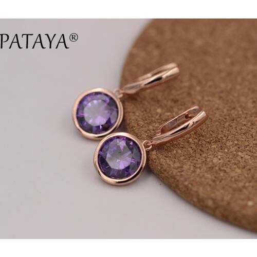 PATAYA New Fashion Multi-Colored Earrings 585 Rose Gold Purple Round Natural Cubic Zirconia Dangle Earrings Women Luxury Earring