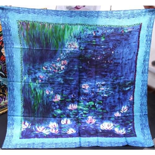 140cm Silk Scarf Twill Silk Square Scarfs Bandana Famous Oil Painting Monet Works Water lilies