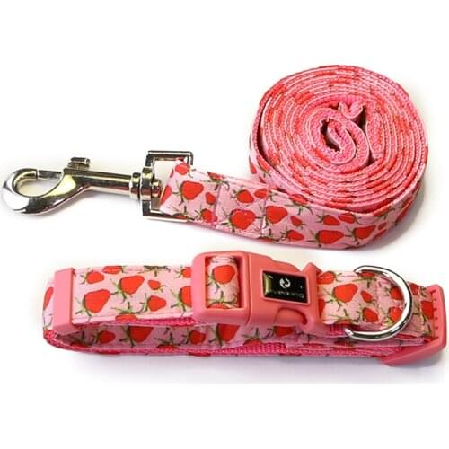 Dog Strawberry Collar Leash Set for Small Medium Large Dogs Grid Printed Pet Collars Pitbull Bulldog Product 10 Colors Available