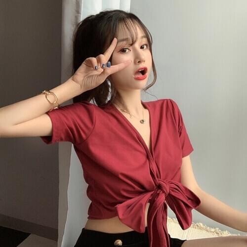 Slim Korean Fashion Clothes V-neck Green Tops Bow Bandage Crop Top T Shirts Summer Style Womens Tees Hipster Brands Chic Red New