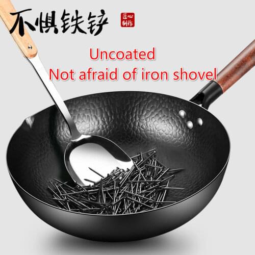Handmade Iron Pot 32CM Uncoated Health Wok Non-Stick Pan Gas Stove Induction Cooker Universal Wood Cover Iron Wok