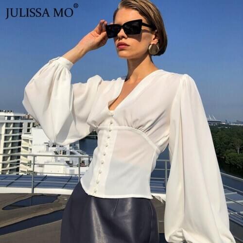 Julissa Mo White Button Up Fashion Women Blouses 2021 Spring Long Puff Sleeve V-Neck Shirt Elegant Sexy Slim Female Shirts Top