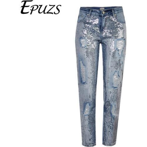 Sequin jeans woman sexy plus size vintage mid waist hole mom boyfriend ripped jeans for womens jeans distressed denim pants