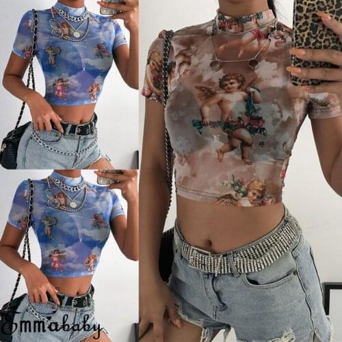 Women Short Sleeve Crop Tops Sheer Mesh Fish Net Sexy Angel See Through Crop Top T-Shirt Summer
