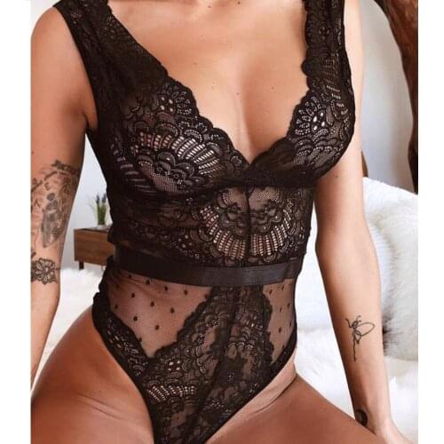 Summer Lace Bodysuit Women Floral Embroidery Deep V Neck Sexy Bodysuit Dot Patchwork Jumpsuit Overalls 2021 Femlae Body