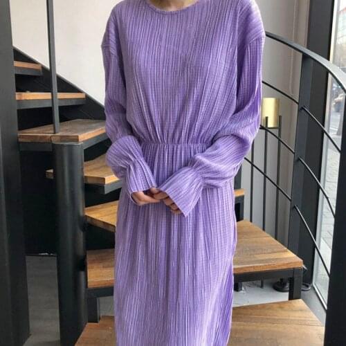 South Koreas New Autumn French Vestidos Female Violet Round Neck Fold Texture High Waist Flared Sleeve Split Midi Dress KK784