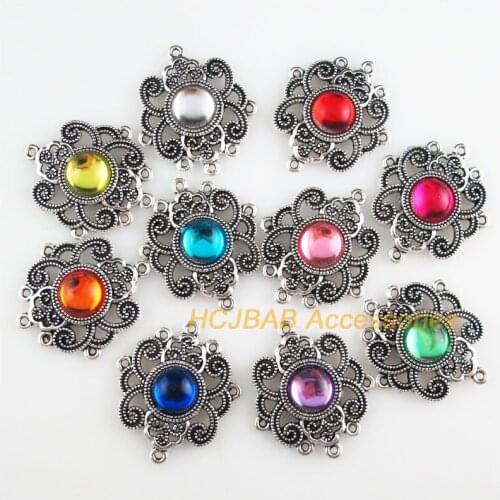 10 New Round Charms Mixed Acrylic Flower Connectors Tibetan Silver Tone 28x31mm