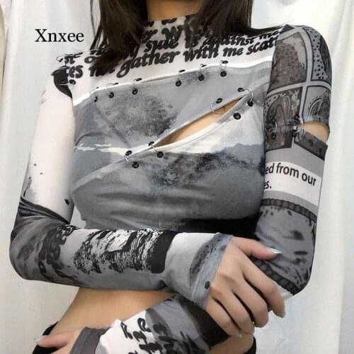 ALLNeon Y2K Aesthetics Transparents Stand Collar Long Sleeve Cut Out Tops With Rings E-girl Letter Print Tie Dye Mesh T-shirts