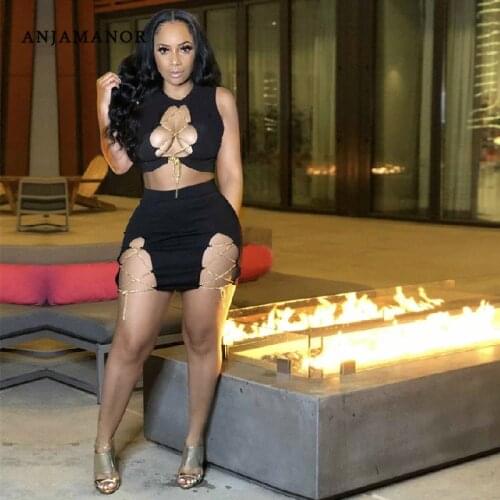 ANJAMANOR Metal Chain Cut Out Mini Skirts 2 Piece Set Sexy Outfits for Woman Night Club Short Suits Bodycon Dress Women D52-DZ35