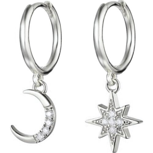 Prevent Allergy 925 Sterling Silver Asymmetrical Star Moon Earrings Crystal Charms Stud Earrings For Women Girls Jewelry eh375