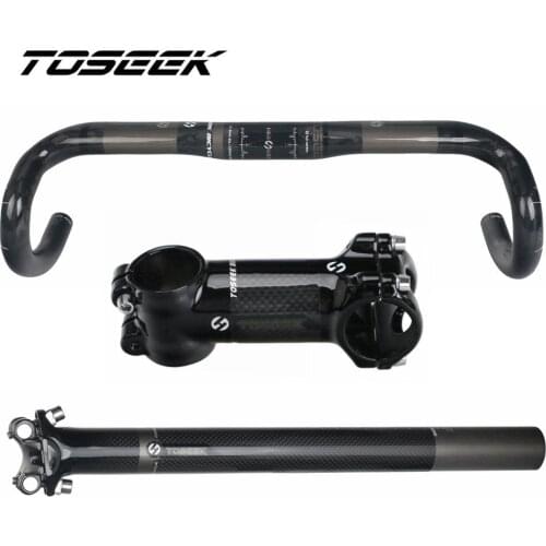 TOSEEK Glossy Carbon Fiber Bike Road Bent Bar + Stem + SeatPost For Bicycle Road Handlebar Sets Parts