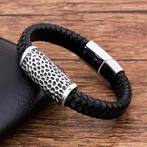 New Fashion Wholesale Charm Stainless Steel Rope Magnetic Black Genuine Leather Men Bracelet Braided Hand Jewelry Accessories