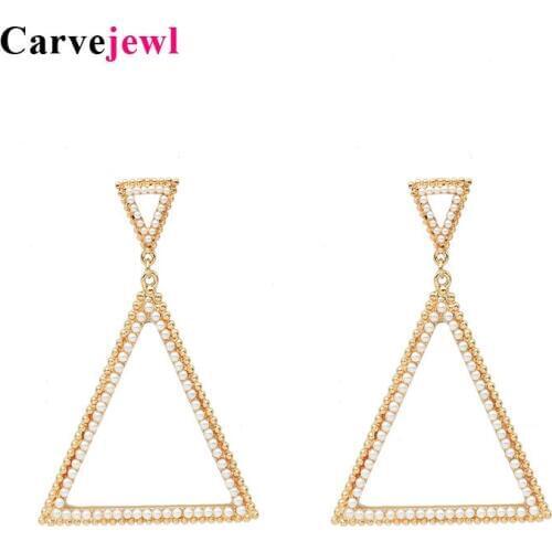 Carvejewl double triangle drop dangle earrings simulated pearl crystal rhinestone minimalist American design earrings jewelry