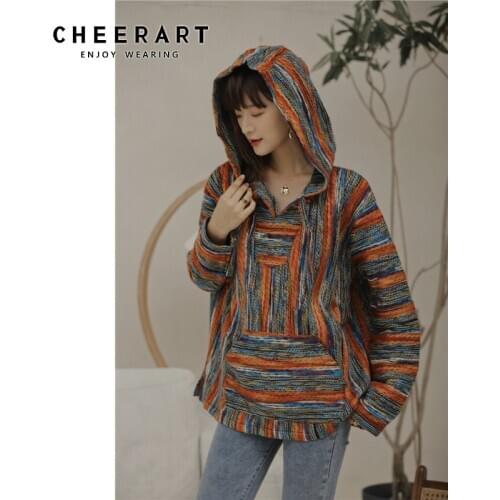 CHEERART Bohemian Women Hoodie Wool Sweatshirt Winter Clothes Striped Vintage Sweatshirt Knitted Fashion 2020