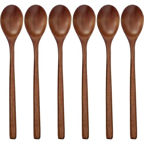 Wooden Spoons, 6 Pieces Wood Soup Spoons for Eating Mixing Stirring, Long Handle Spoon Kitchen Utensil